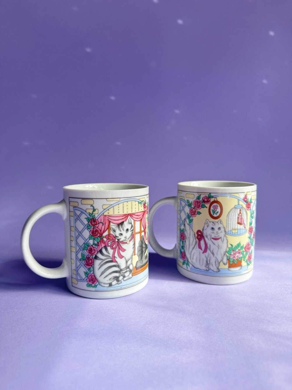 Pair of Vintage 80s Ceramic Cat Mugs Pink & Pastel Accents